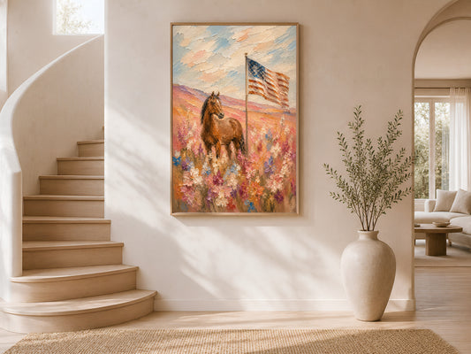 Western patriotic horse and American flag impasto painting in a gold frame on a curved staircase wall with warm white plaster finish, large neutral vase with dried botanicals, and warm natural light