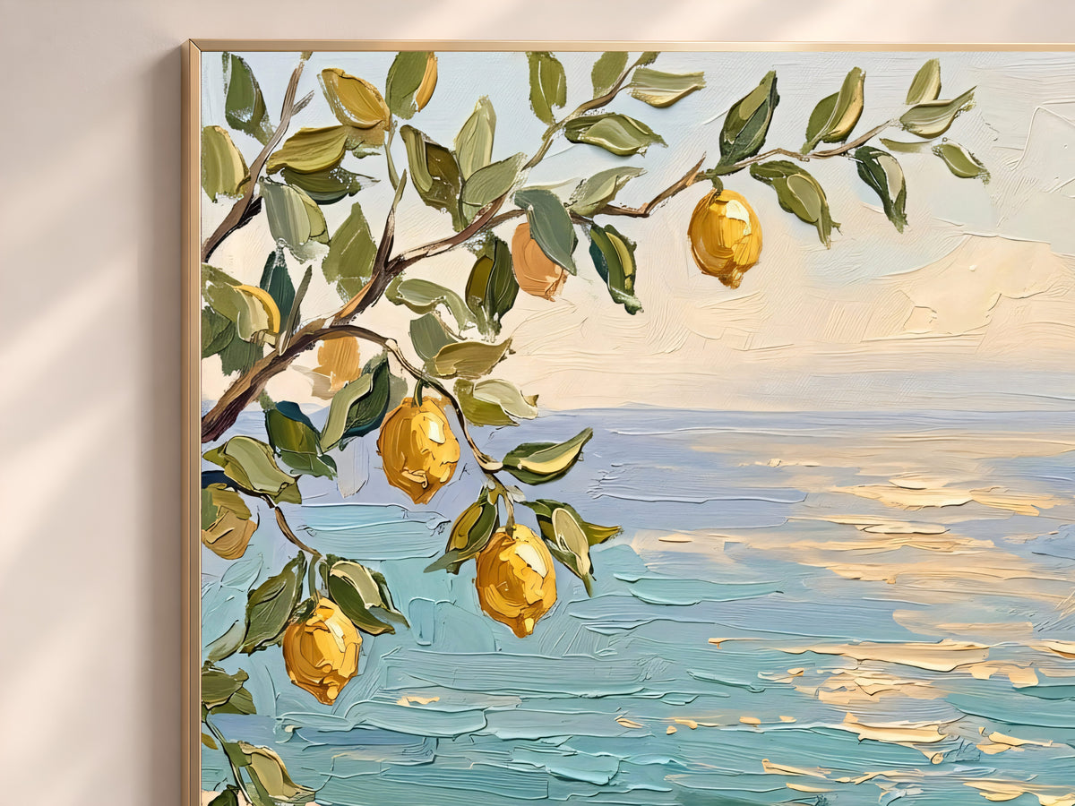 Lemon Tree Sea View Painting Print, Mediterranean Terrace Wall Art, Textured Coastal Art, Printable Digital Download