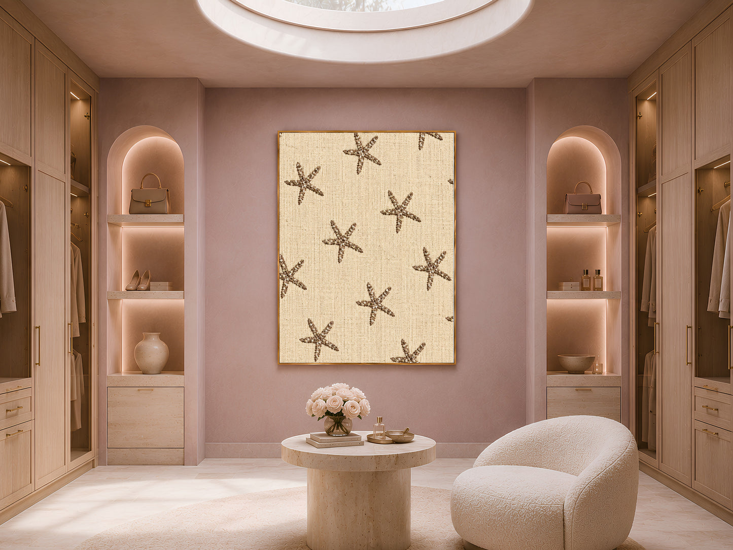 Embroidered starfish wall art framed above a bench in a round arched alcove