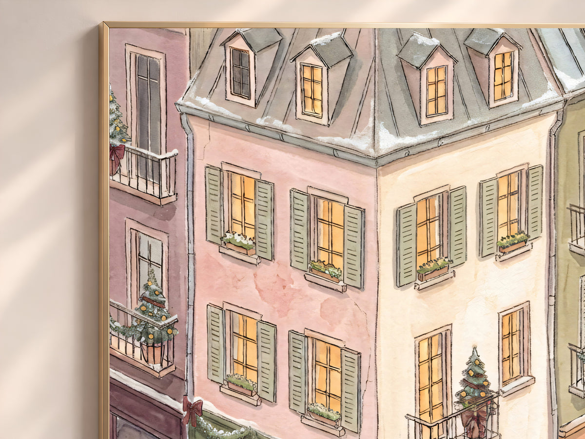 Christmas Cafe Print, Snowy Parisian Street Watercolor, Pastel Holiday Wall Art, Printable Digital Download