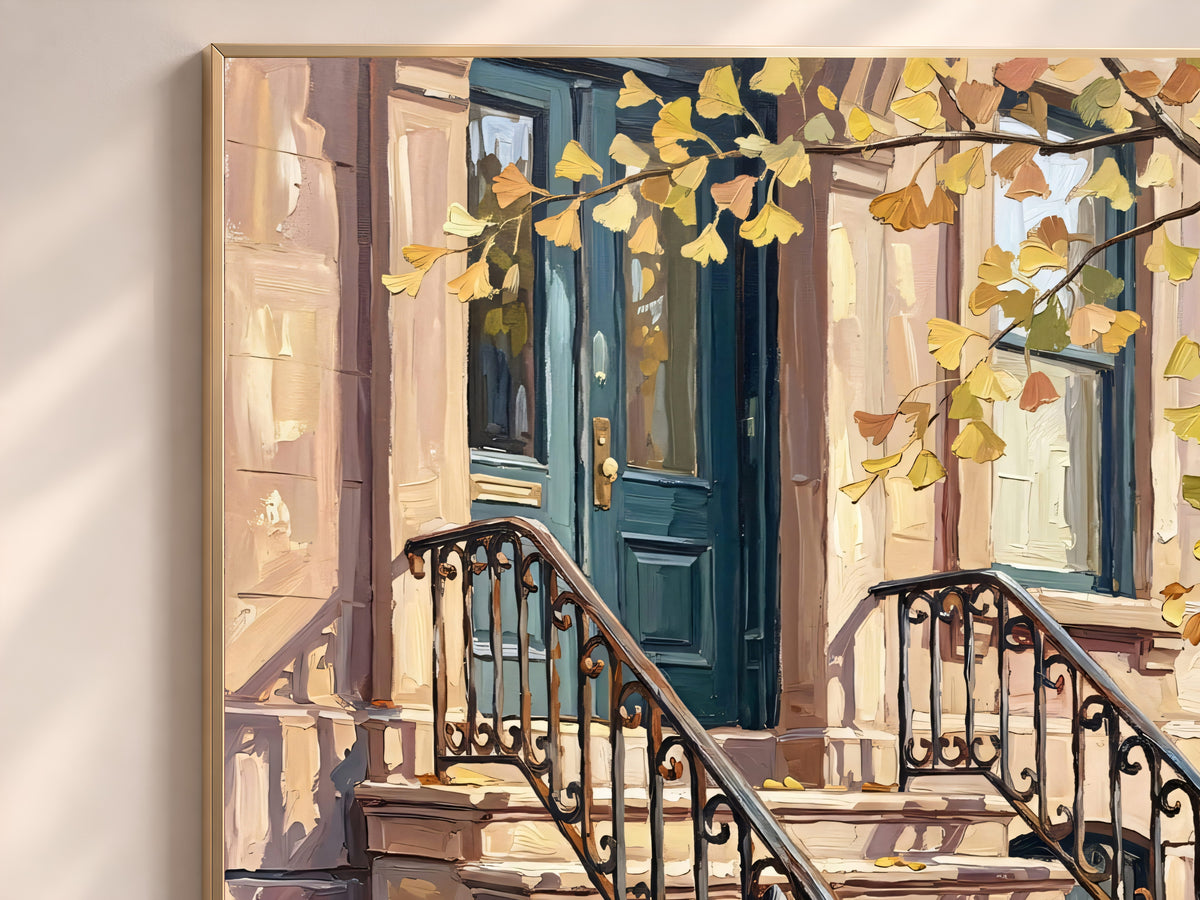 Fall Brownstone Stoop Painting Print, Autumn Pumpkins City Art, Pastel Fall Wall Decor, Printable Digital Download