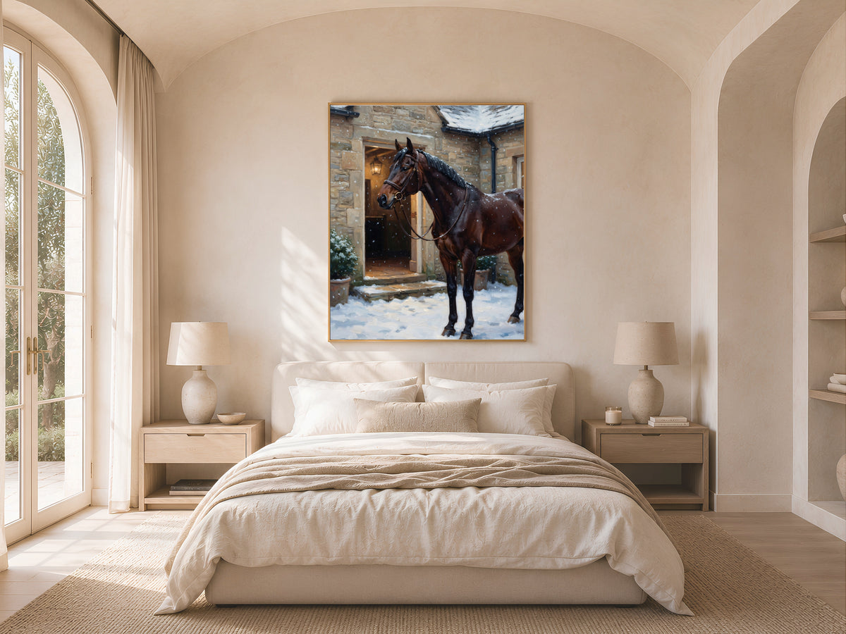 Equestrian Wall Art, Horse in Snow Oil Painting Print - Digital Download
