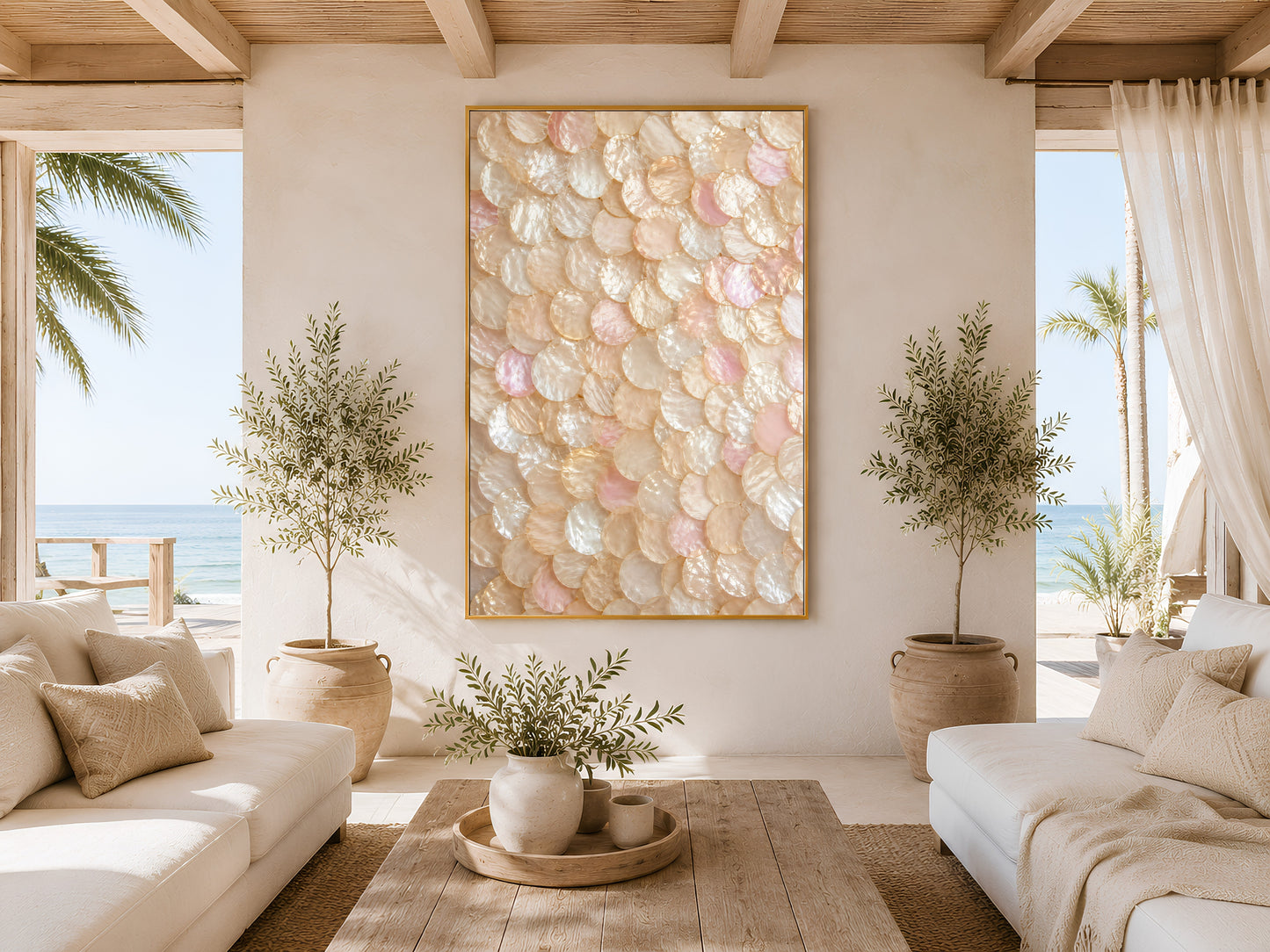 Blush capiz shell wall art printable displayed in a bright luxury coastal living room with warm Mediterranean-inspired decor and ocean-view styling.