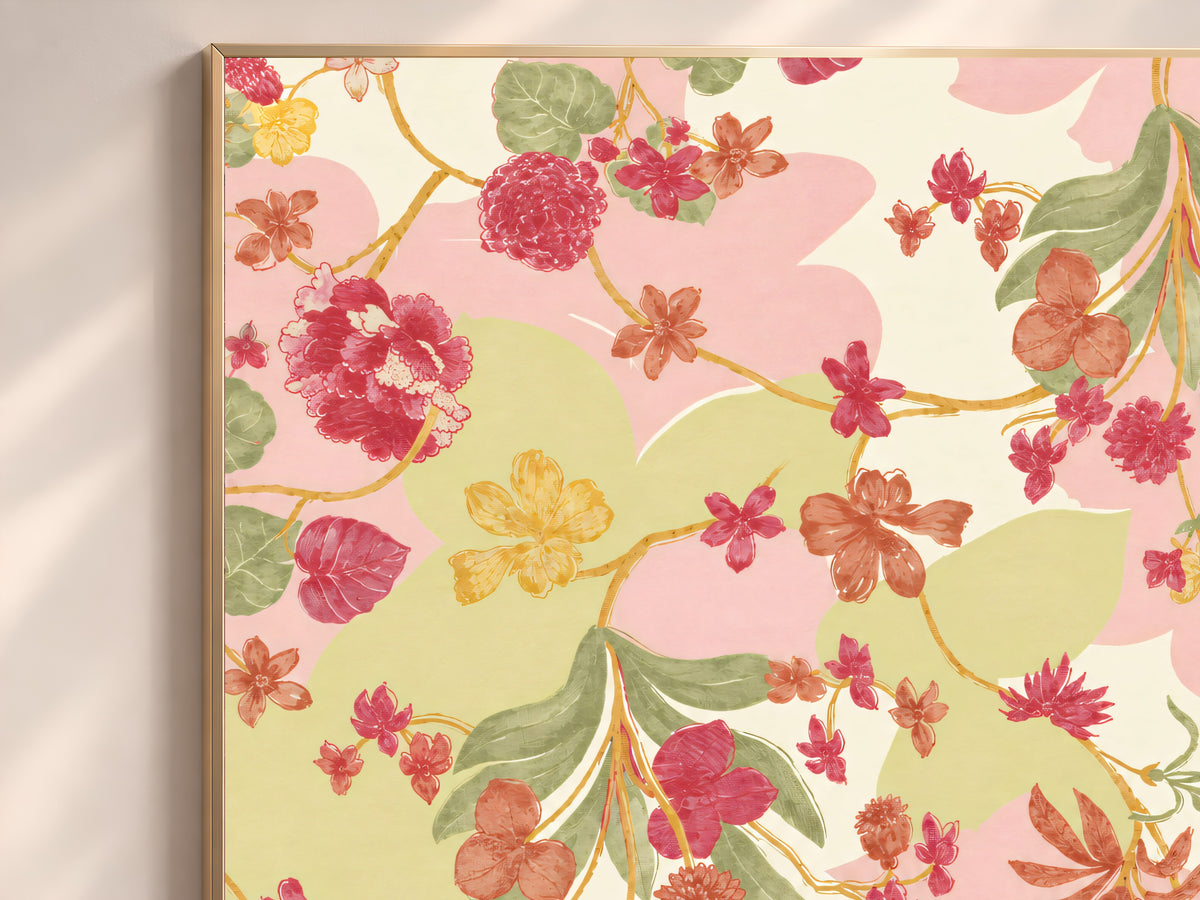 Pink and Green Floral Wall Art, Vintage Botanical Pattern Print, Grandmillennial Chinoiserie Style Flowers, Printable Digital Download