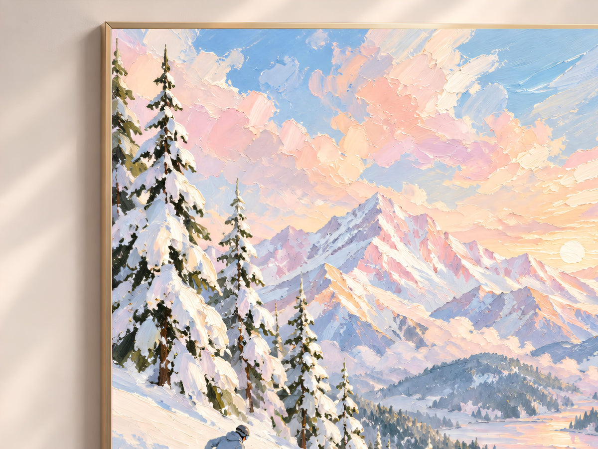 Ski Mountain Wall Art, Impasto Oil Painting Print - Digital Download
