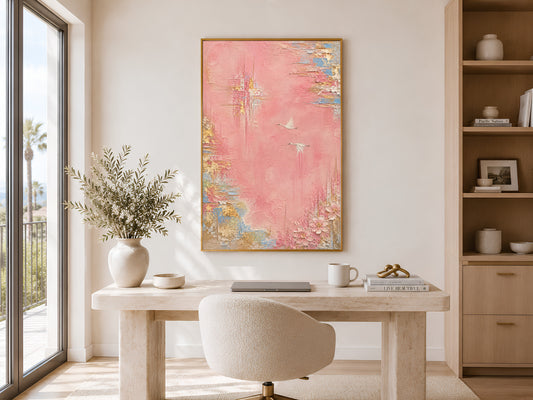 Pink and gold abstract wall art print above home office desk, textured crane bird painting digital download
