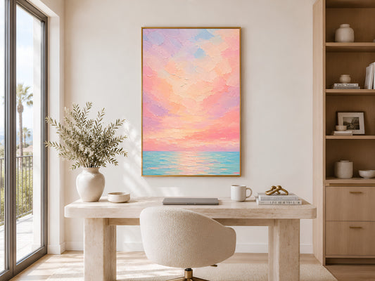 Pastel sunset ocean wall art print framed in a home office with a white desk, chair, and bookshelf beside a large window.