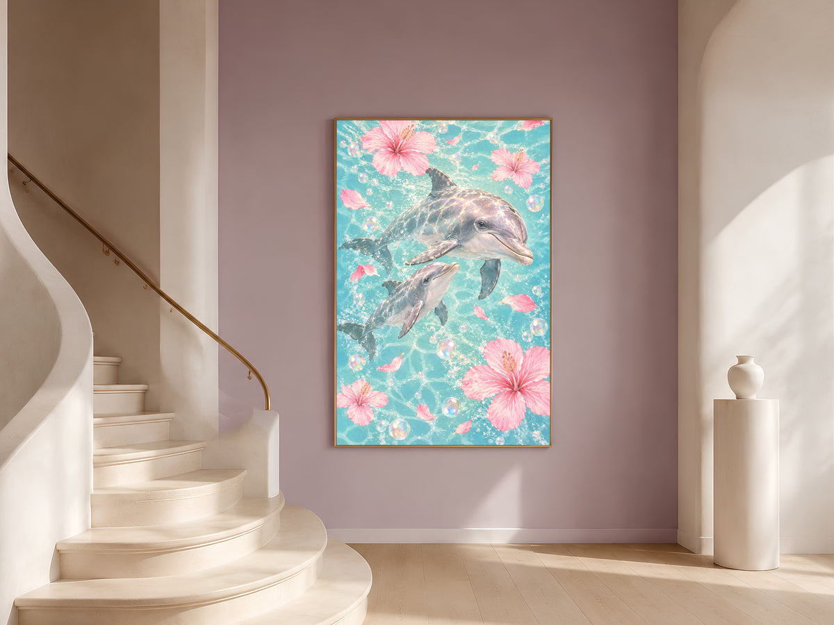Dolphin Watercolor Wall Art, Mother Baby Dolphin Print - Digital Download
