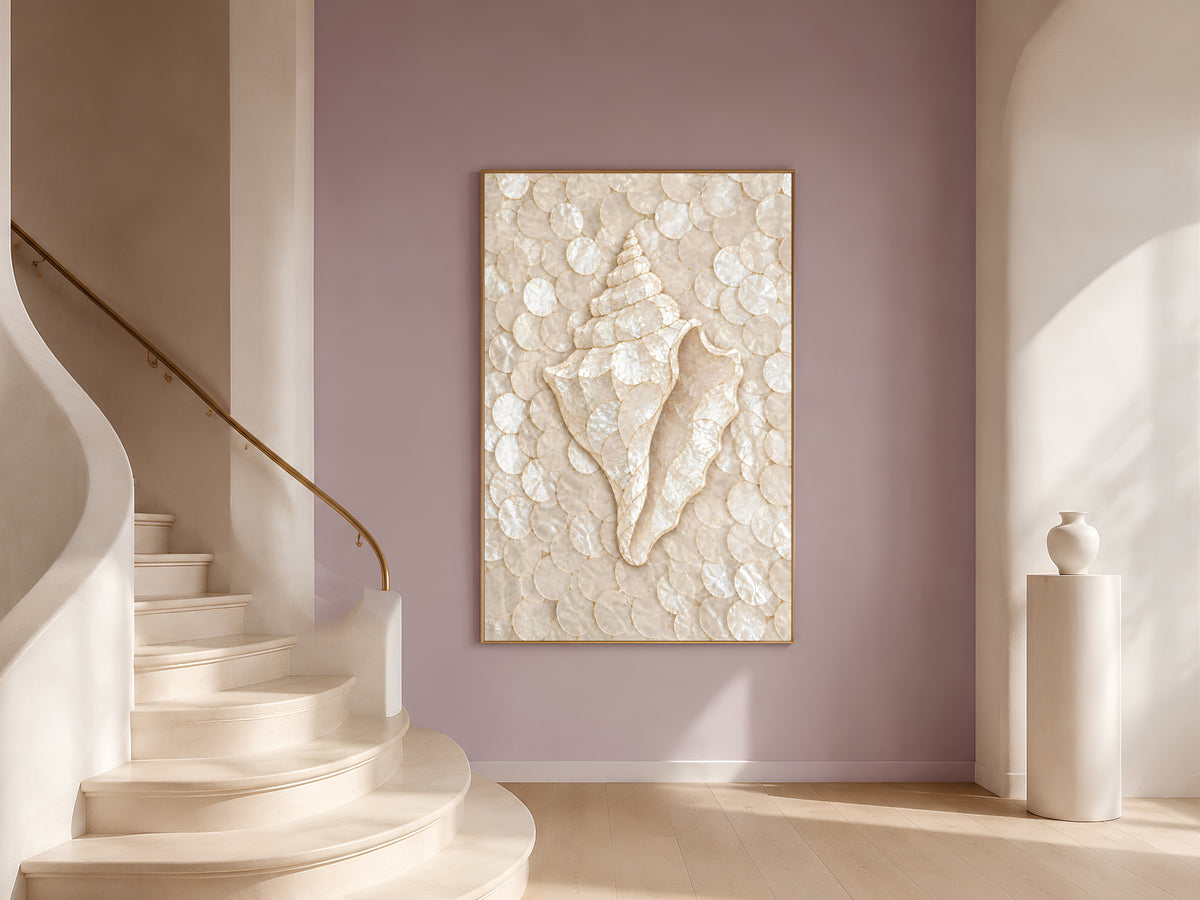 Conch Shell Mosaic Wall Art, Gold Line Seashell Print - Digital Download