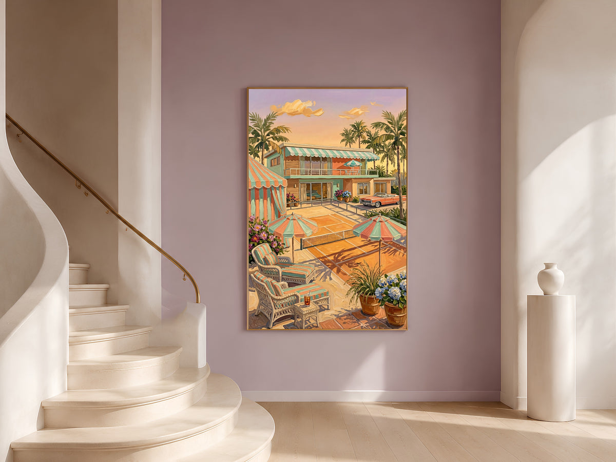 Retro Palm Springs Tennis Wall Art, Pastel Mid-Century Pool House Print - Digital Download