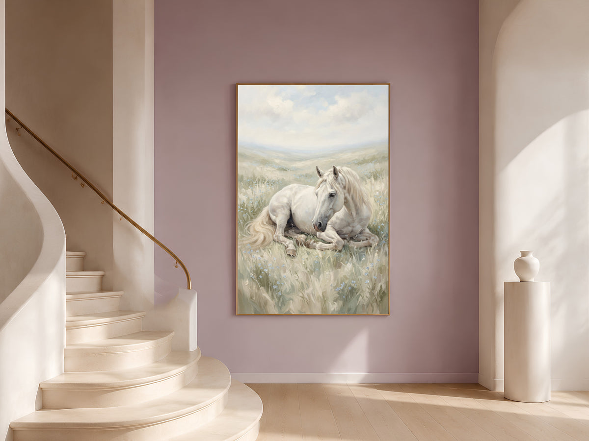 White Horse Wall Art, Wildflower Meadow Oil Painting Print - Digital Download