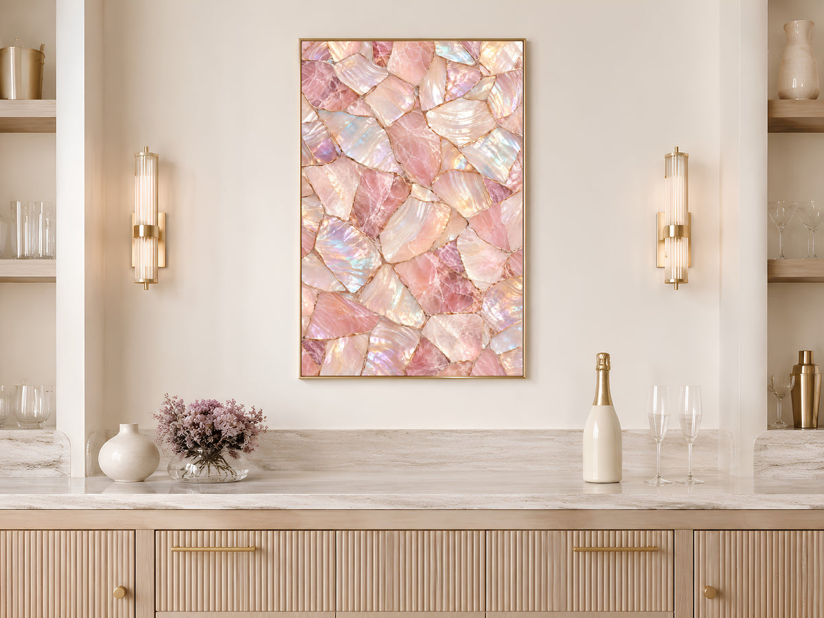 Rose Quartz Wall Art, Pink Mother of Pearl Print, Blush Crystal Mosaic, Glam Bedroom Decor, Feminine Iridescent Poster, Instant Download