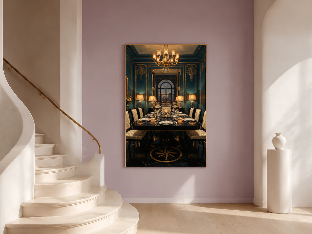 Art Deco Dining Room Wall Art, Teal Gold 1920s Interior Oil Painting - Digital Download