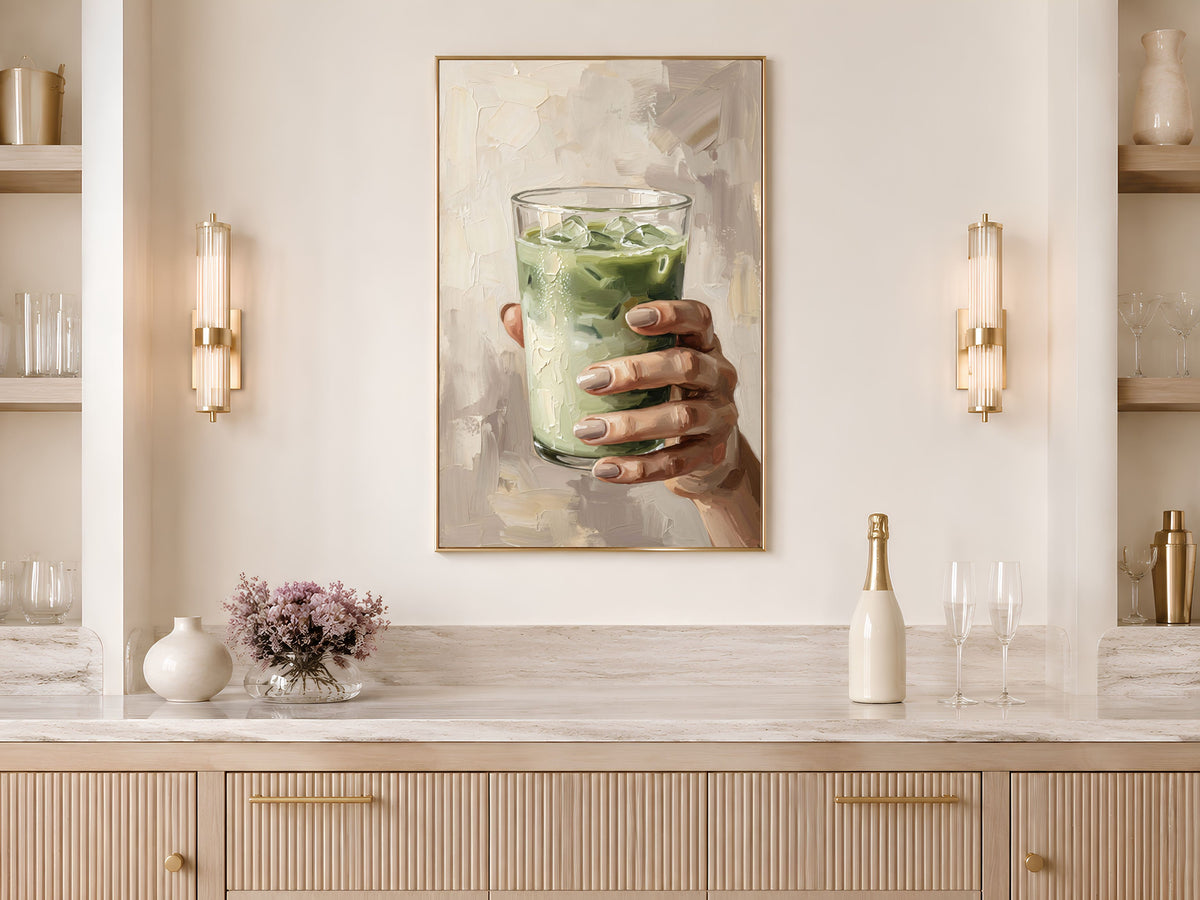 Matcha Latte Wall Art, Impasto Oil Painting Print - Digital Download