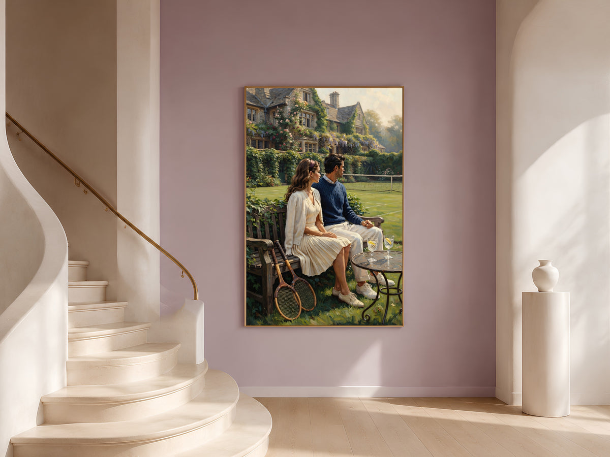 Old Money Tennis Couple Wall Art, Vintage English Countryside Oil Painting Print - Digital Download