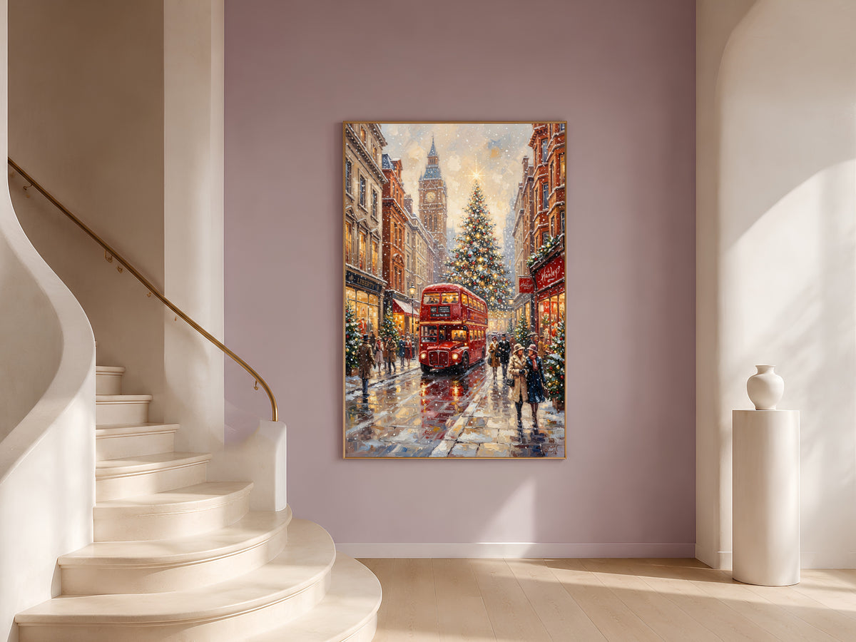 London Christmas Wall Art, Vintage Oil Painting Print - Digital Download