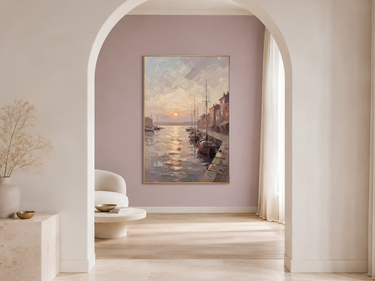 Harbor Sunset Wall Art, Impasto Oil Painting Print - Digital Download