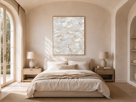 Coastal grandmother bedroom with an arched doorway, neutral linen bedding, and a framed mother of pearl print hanging above the headboard.