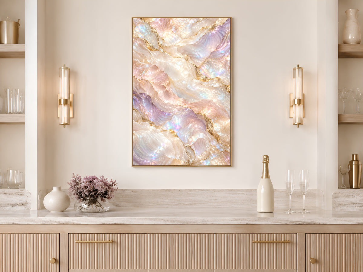 Iridescent Marble Wall Art, Holographic Pearl Print, Gold Vein Stone Texture, Pastel Rainbow Abstract, Luxe Bedroom Decor, Instant Download