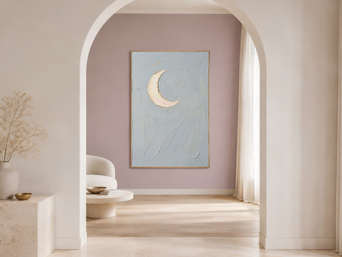 Minimalist Moon Wall Art, Impasto Oil Painting Print - Digital Download