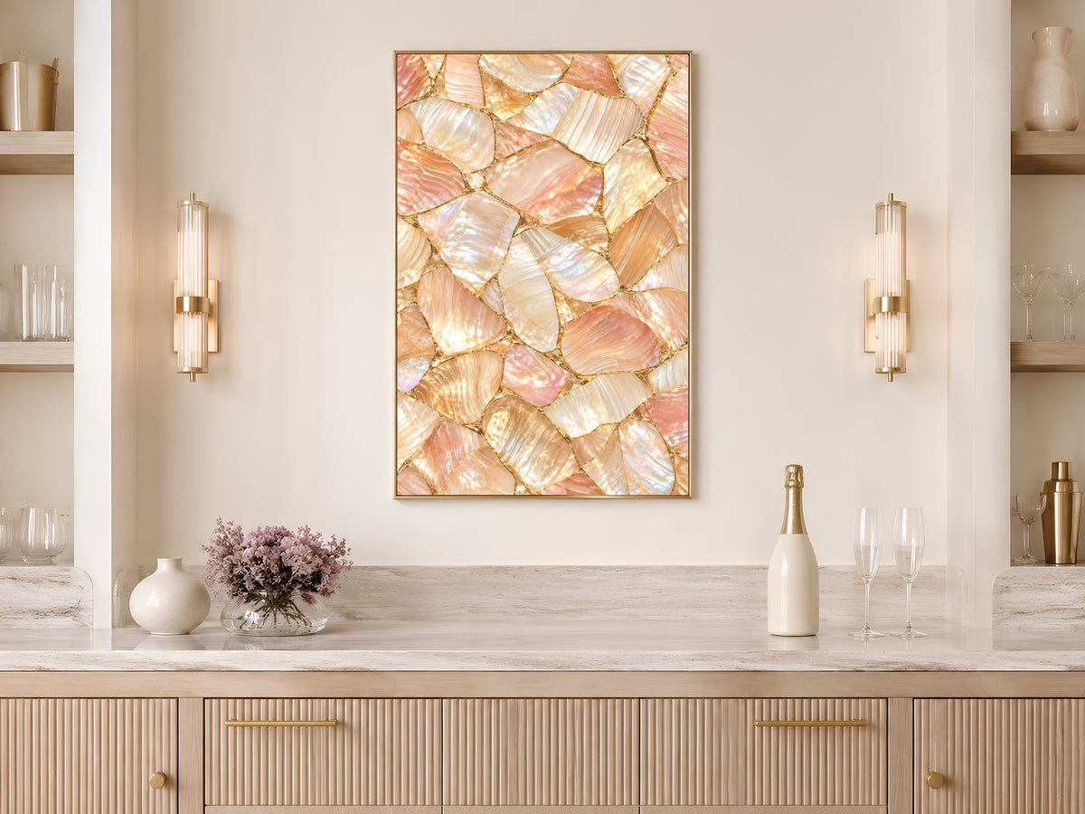 Peach Mother of Pearl Wall Art, Apricot Shell Mosaic Print, Gold Kintsugi, Warm Blush Bedroom Decor, Riviera Summer Poster, Instant Download