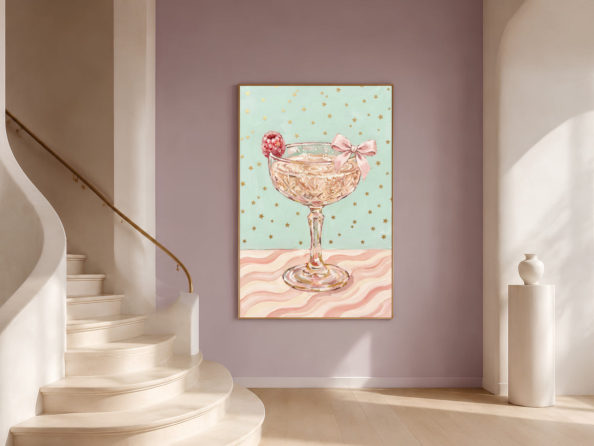 Champagne Coupe Wall Art, Pink Bow Coquette Oil Painting Print - Digital Download