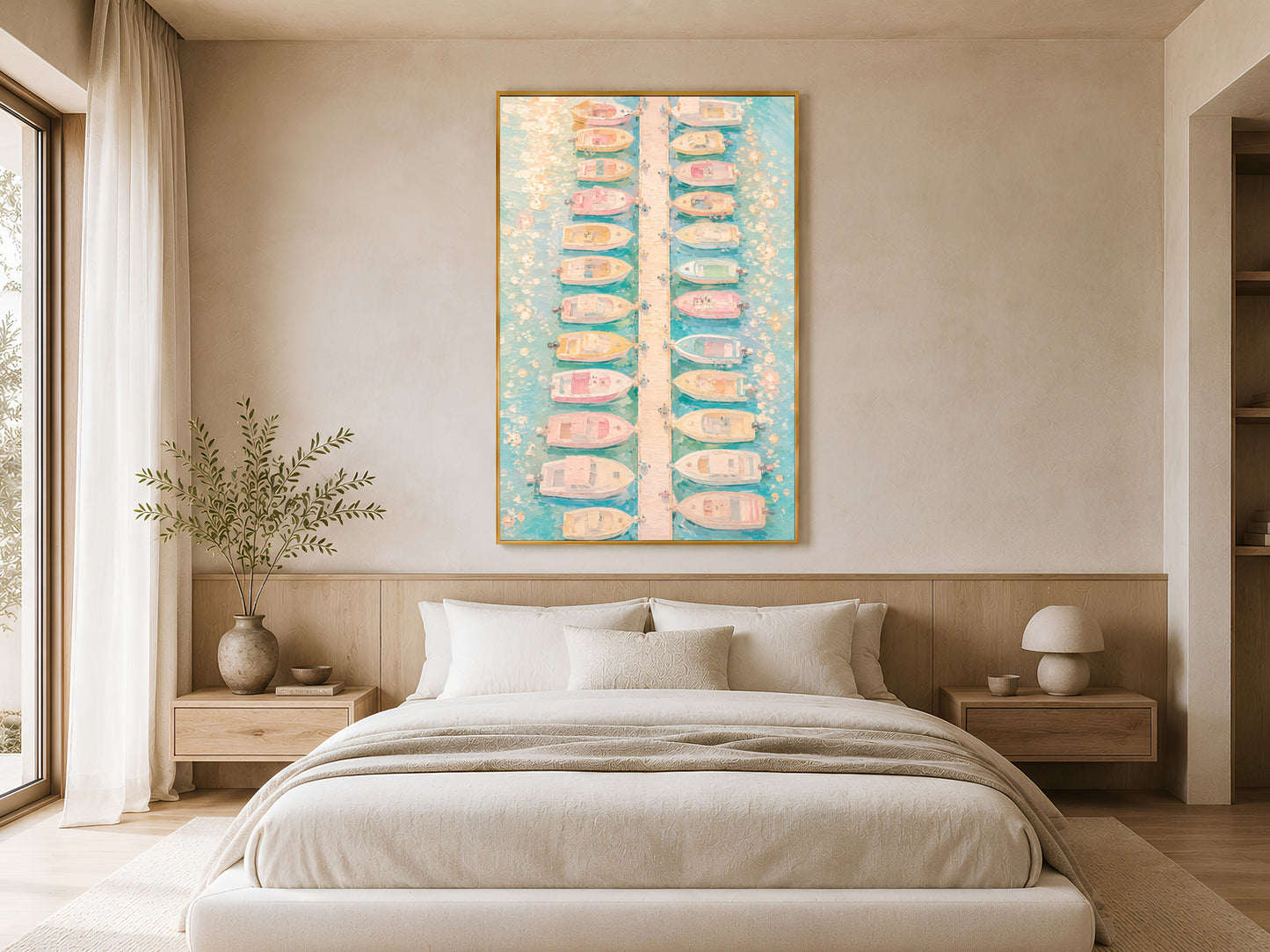 Aerial marina boat wall art in gold frame above a linen bed in a soft neutral Scandinavian-style bedroom