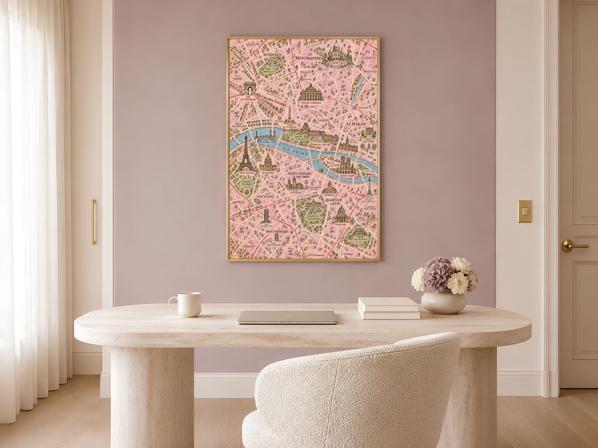 Paris Map Wall Art, Illustrated City Map Print - Digital Download