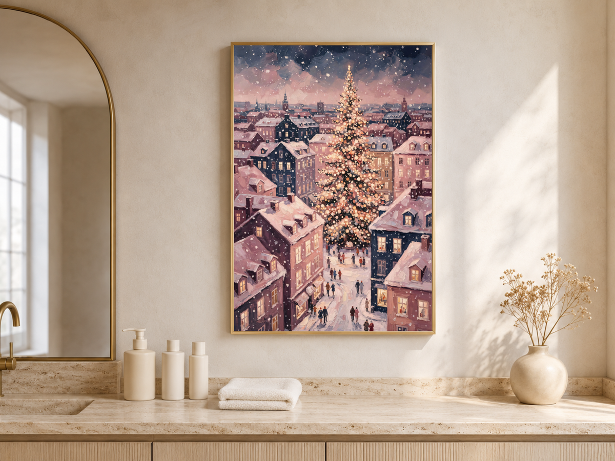 European Christmas Village Wall Art, Snowy Town Square Print - Digital Download