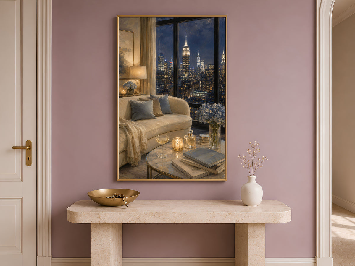 NYC Penthouse View Wall Art, Navy Blue City Skyline Print - Digital Download