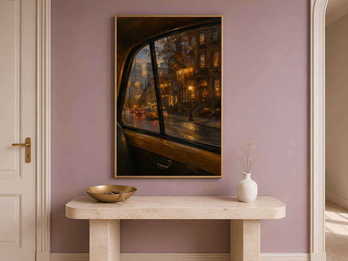 Rainy New York Night Wall Art, NYC Taxi Window Print, Moody City Painting - Digital Download