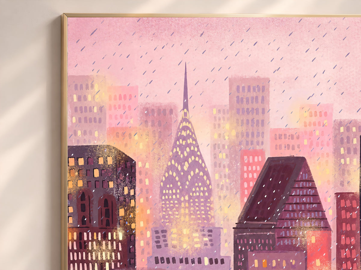 Pink New York City Art Print, Rainy Day NYC Skyline Illustration with Yellow Taxis, Whimsical Gouache Style City Decor, Digital Download