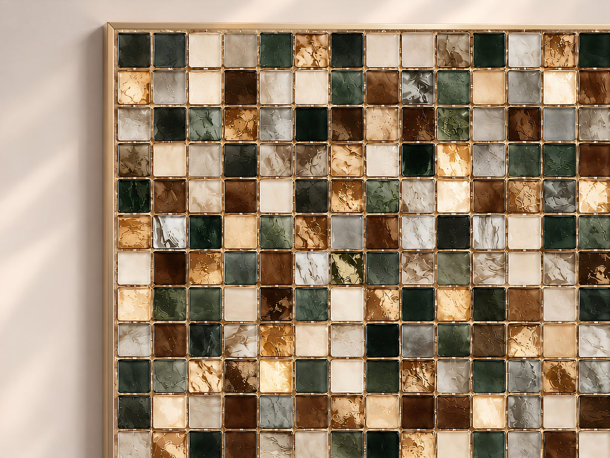 Brown and Green Mosaic Tile Wall Art Print, Earth Tone Tile Grid Painting with Gold Lines, Printable Warm Neutral Decor, Digital Download