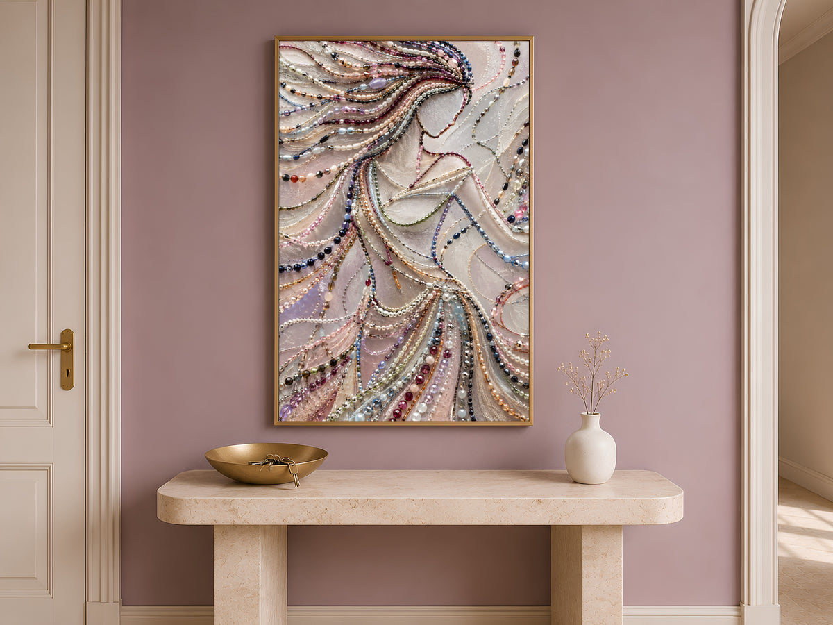 Pearl Beaded Woman Wall Art, Elegant Jewelry Portrait Print - Digital Download