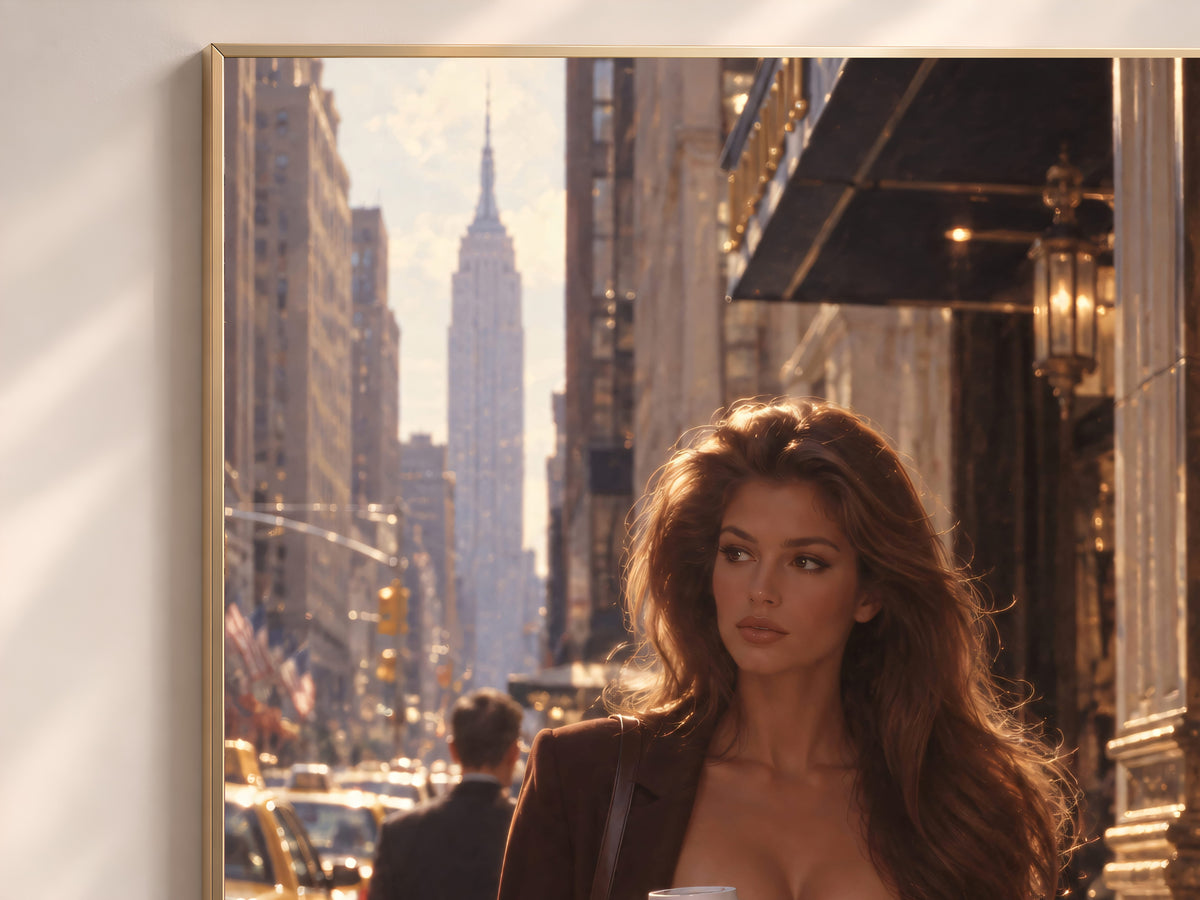 New York City Girl Wall Art, Woman with Coffee Painting, Warm Brown Fashion Print, Digital Download