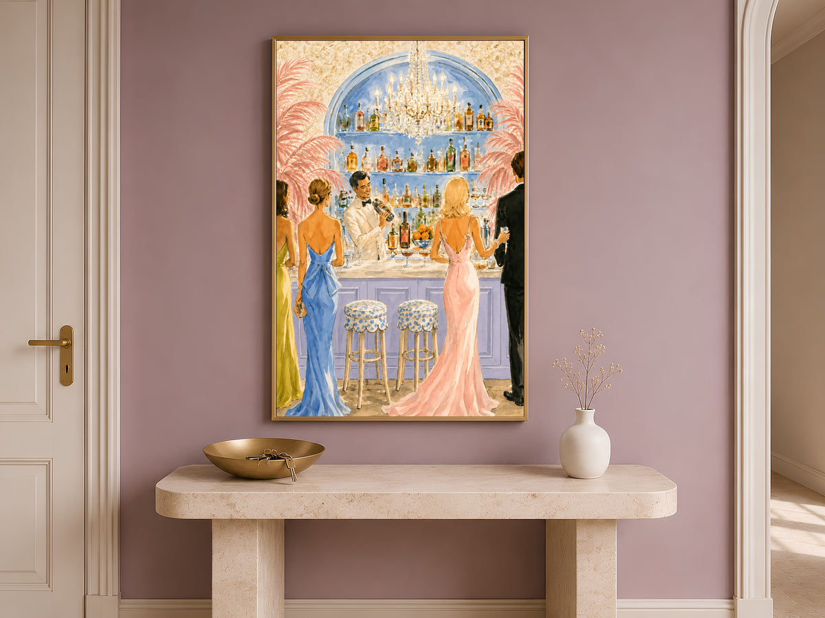 Riviera Cocktail Bar Wall Art, Preppy Pink Watercolor Print - Digital Download