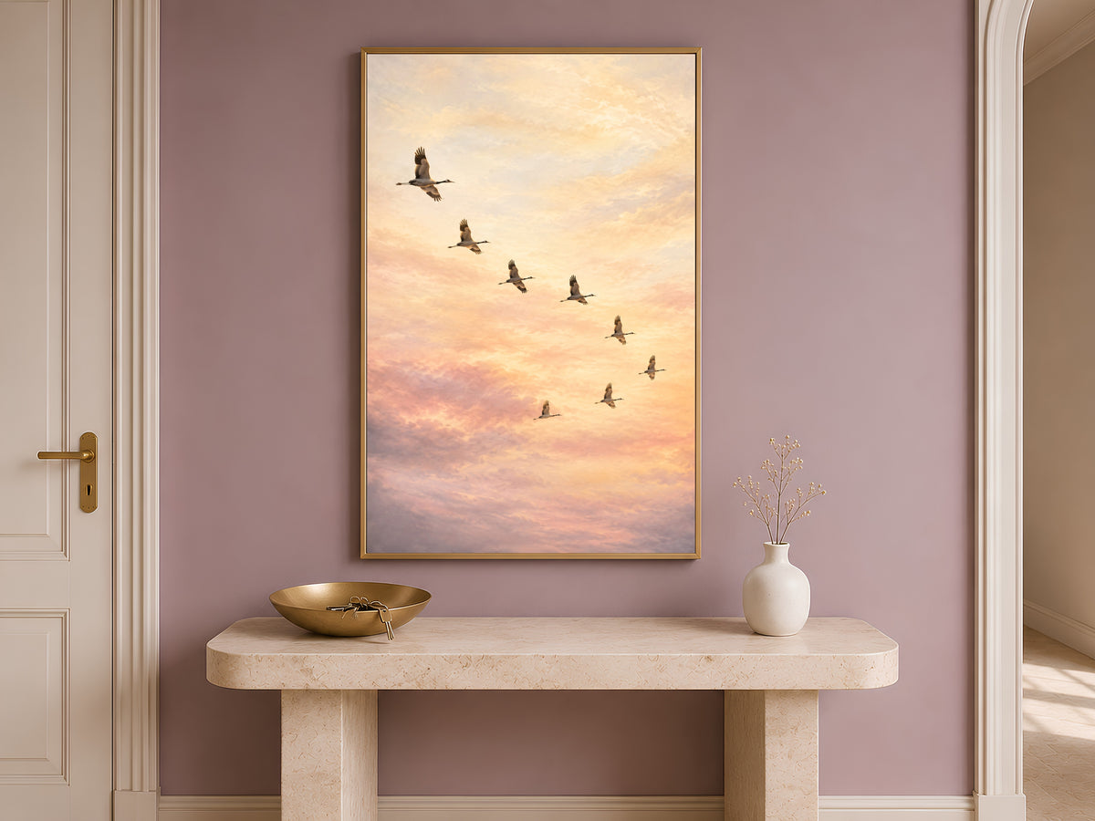 Flying Cranes Wall Art, Sunset Sky Print, Ethereal Pastel Bedroom Decor - Digital Download