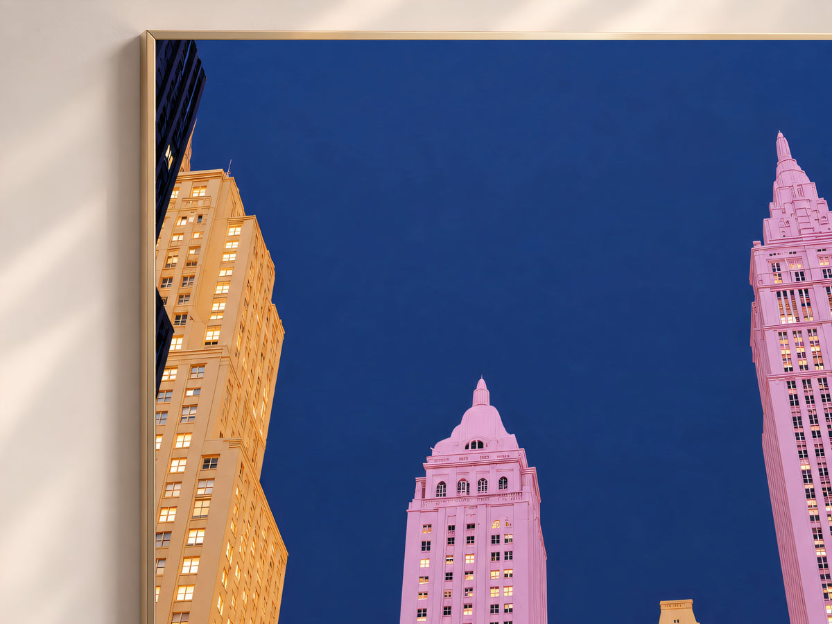 Pink City Skyline Wall Art Print, New York Inspired Art Deco Skyscrapers at Night, Pastel Pink and Navy Printable Decor, Digital Download