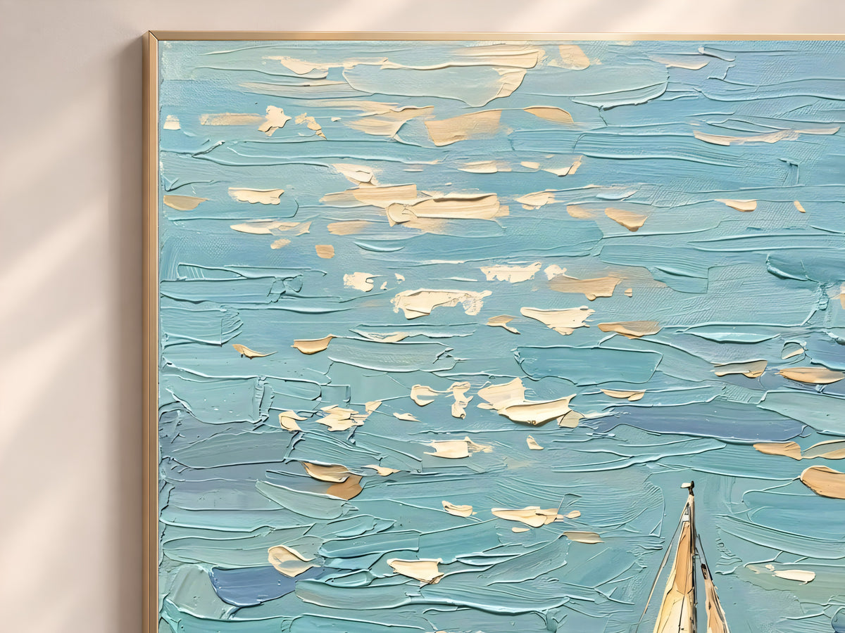 Sailboat Painting Print, Turquoise Ocean Wall Art with Single Sailboat, Textured Impasto Style Seascape, Coastal Printable, Digital Download