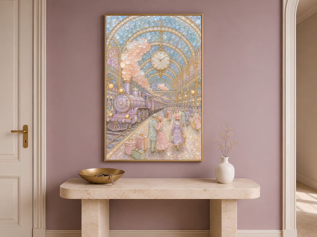 Pastel Vintage Train Station Wall Art, Whimsical Mosaic Print - Digital Download