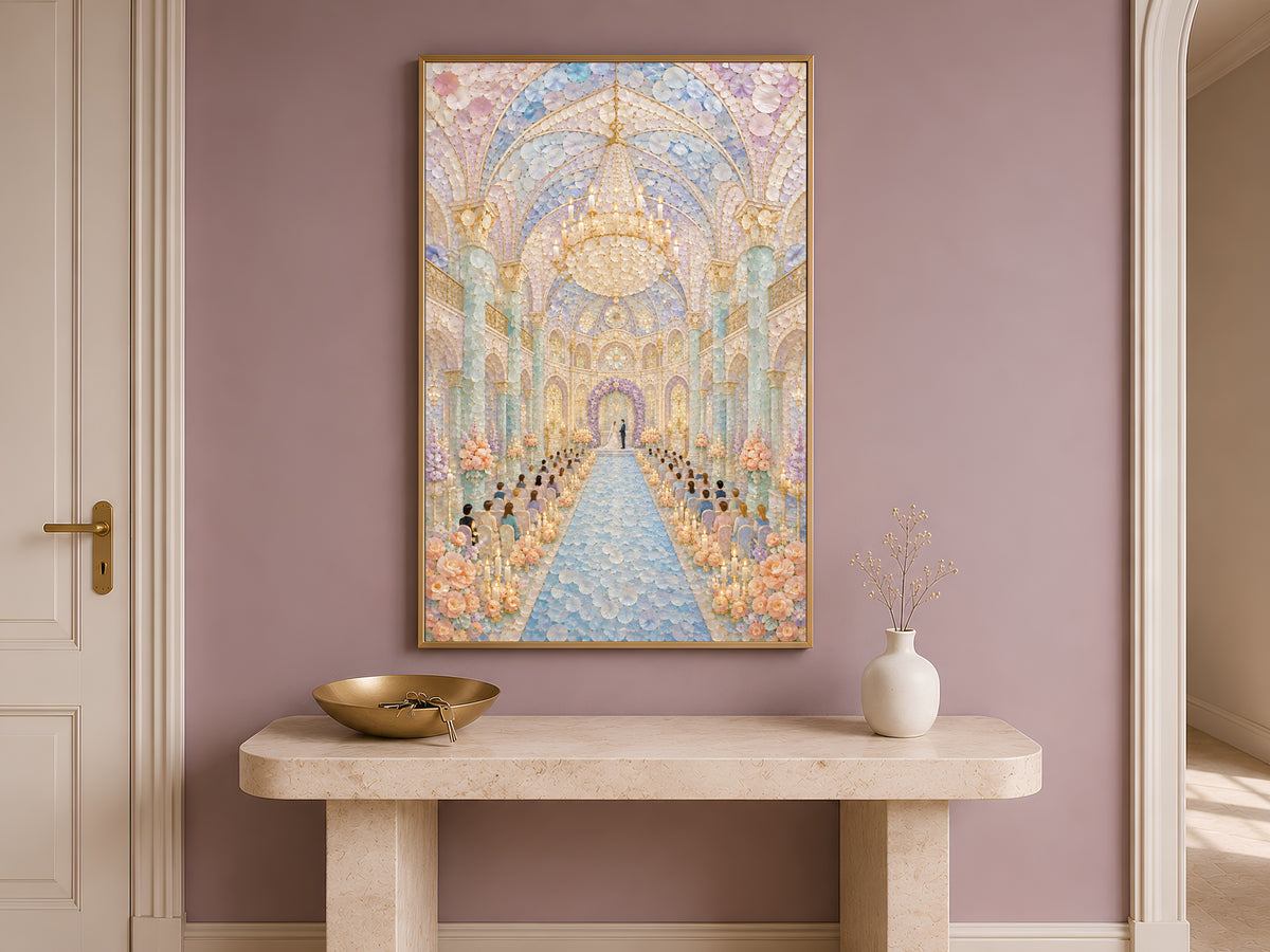 Pastel Wedding Chapel Wall Art, Whimsical Mosaic Cathedral Print - Digital Download
