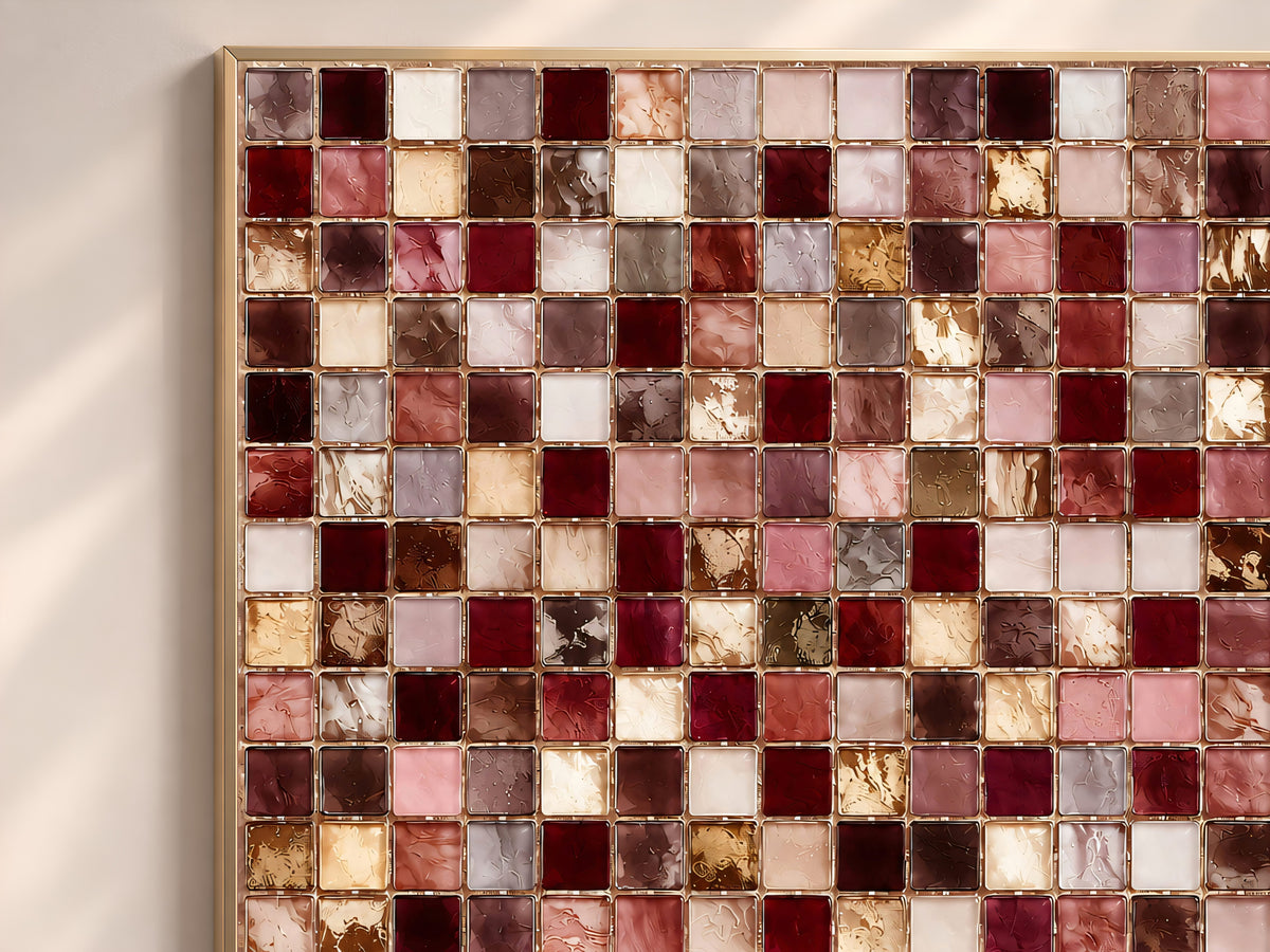 Pink and Burgundy Mosaic Tile Wall Art Print, Dusty Rose, Mauve and Gold Tile Grid Painting, Printable Romantic Decor, Digital Download