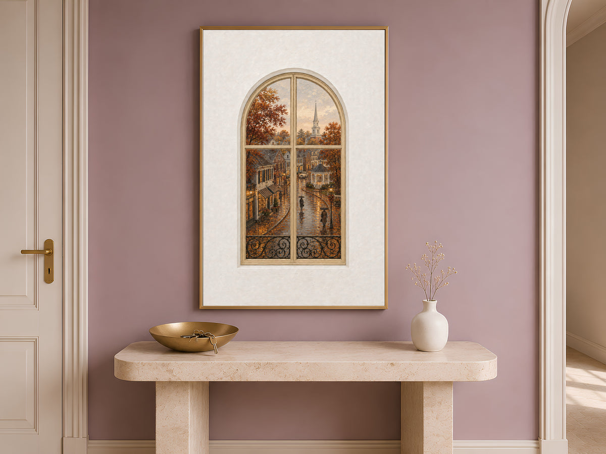 Autumn Village Window Wall Art, Rainy Main Street Church Print - Digital Download