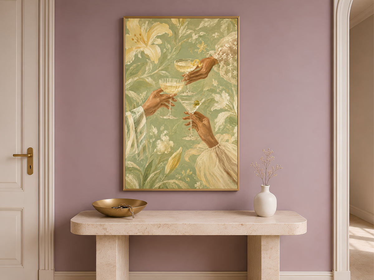 Cheers Cocktail Wall Art, Butter Yellow Floral Print - Digital Download