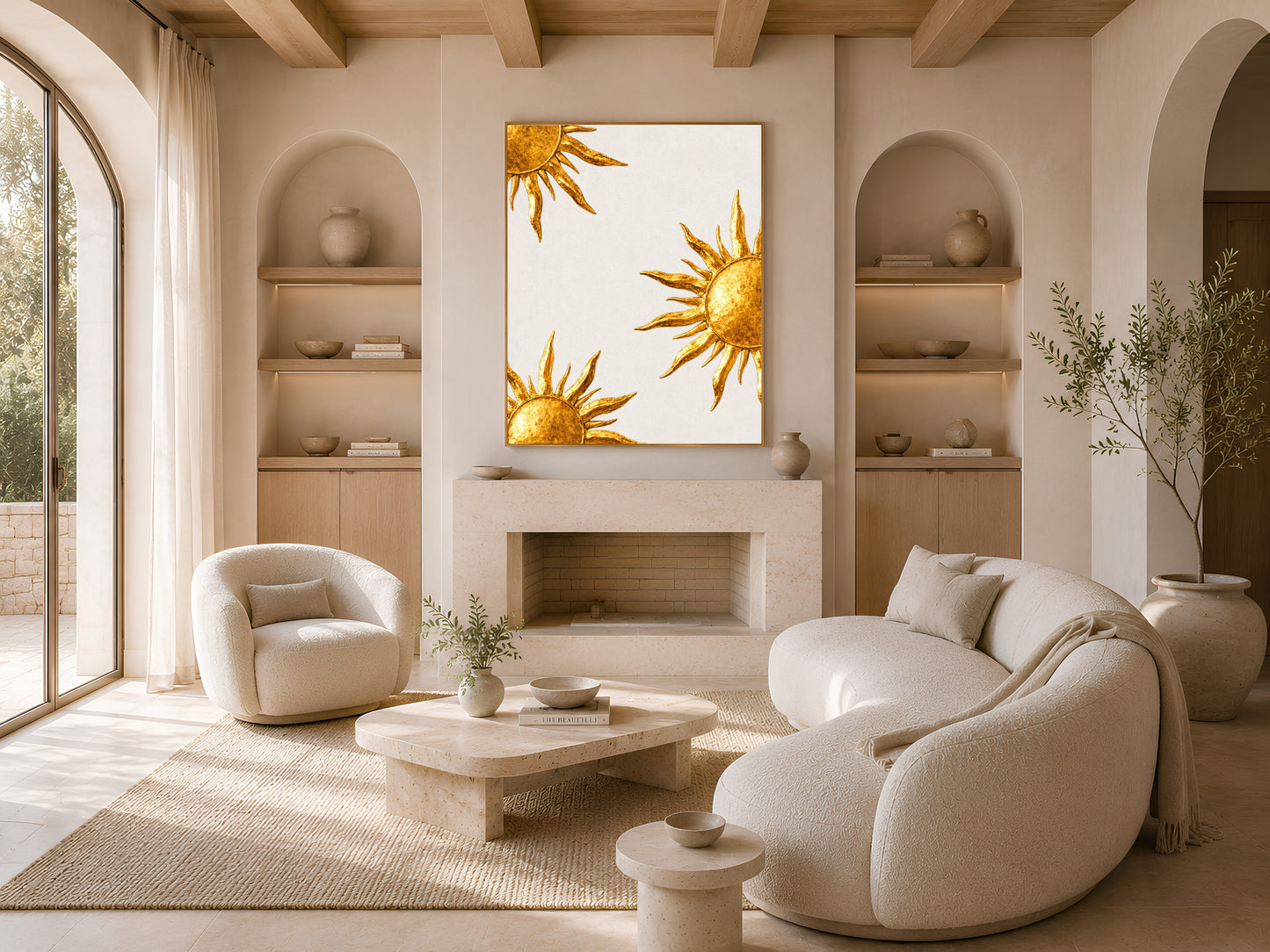 Gold sunburst print framed above a fireplace in a beige living room with wood beams