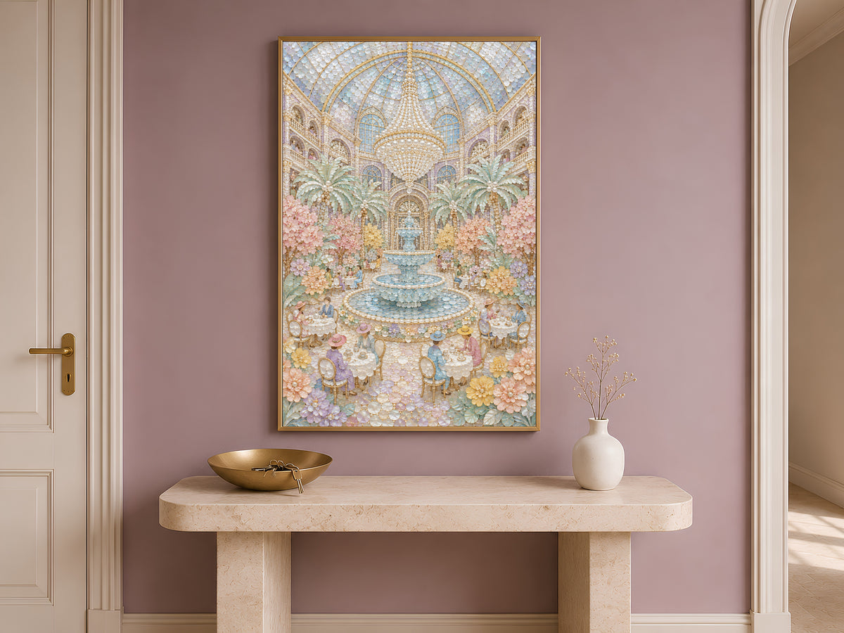 Pastel Garden Courtyard Wall Art, Whimsical Mosaic Fountain Print - Digital Download
