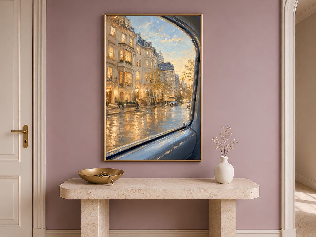 NYC Brownstone Street Print, Rainy City Wall Art - Digital Download