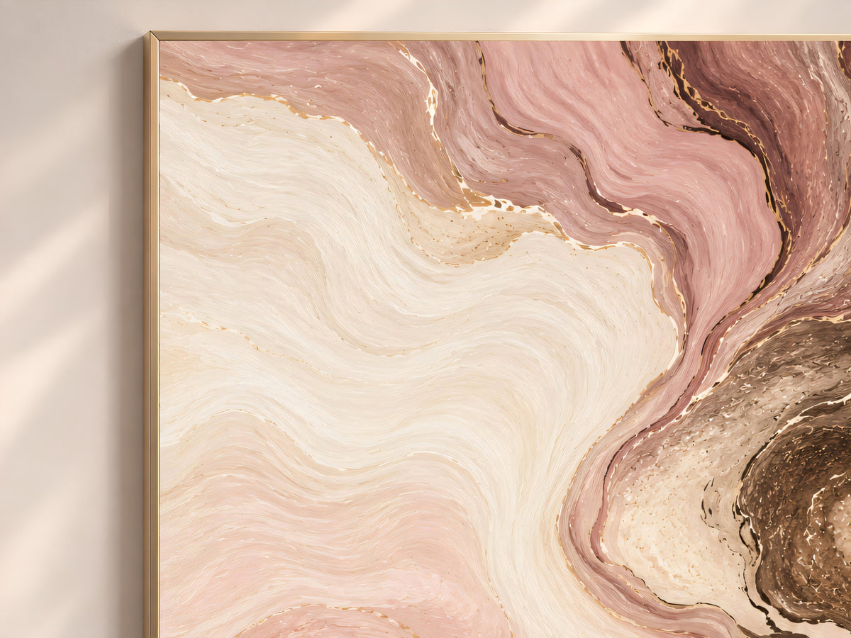 Blush Pink and Brown Abstract Wall Art, Dusty Rose Marble Swirl Print with Gold Veins, Printable Neutral Mocha Decor, Digital Download