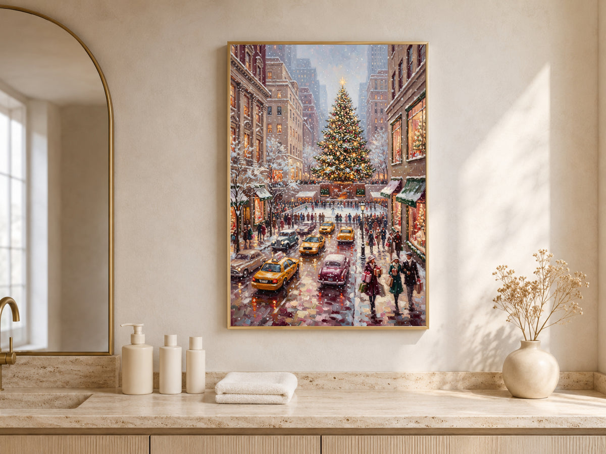 Rockefeller Center Christmas Wall Art, Vintage NYC Oil Painting Print - Digital Download
