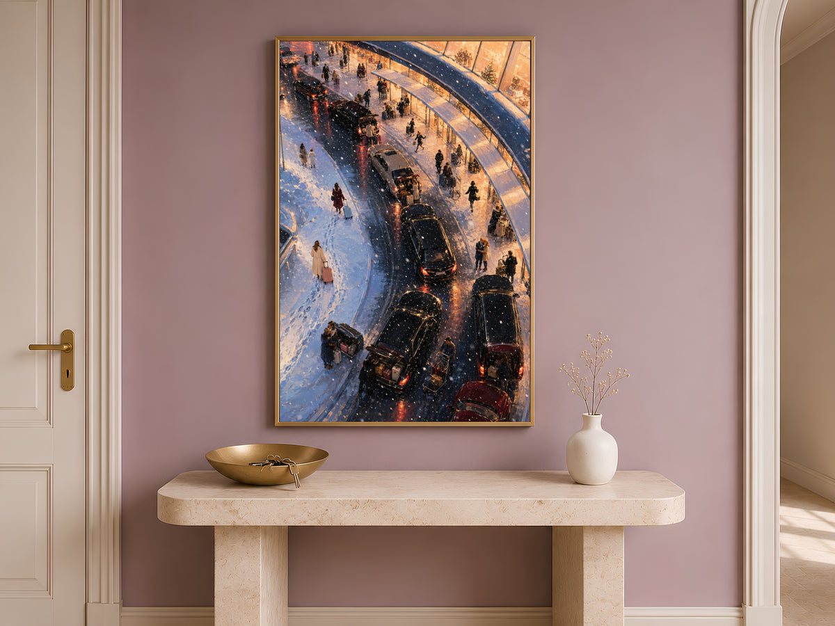Cinematic terminal painting framed above entryway console table with vase